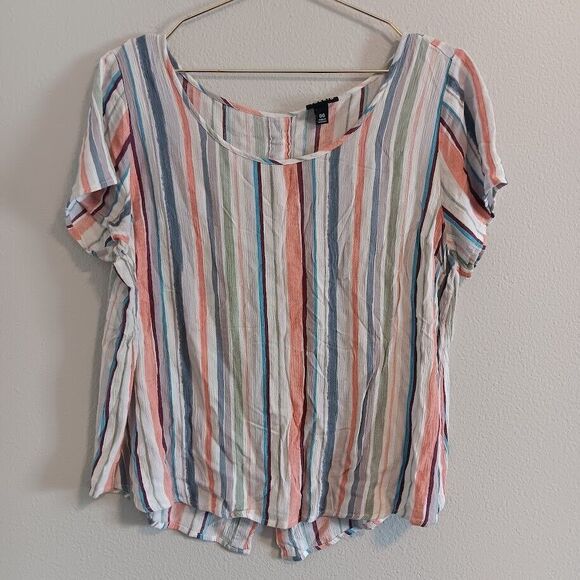 Torrid 00 Medium Large Abbey Gauze Button Back Blouse Semi Sheer Multi Stripe - Picture 1 of 6